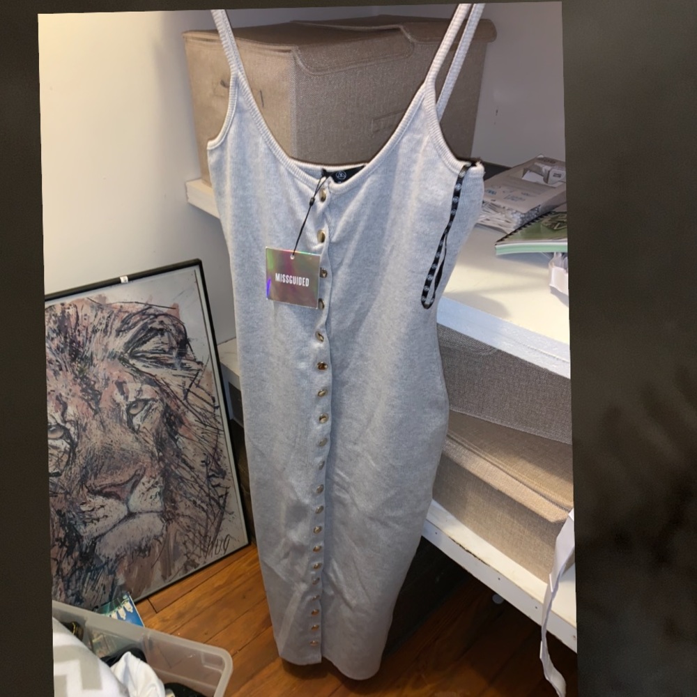 Missguided Strappy Ribbed Popper Midi Dress in Grey